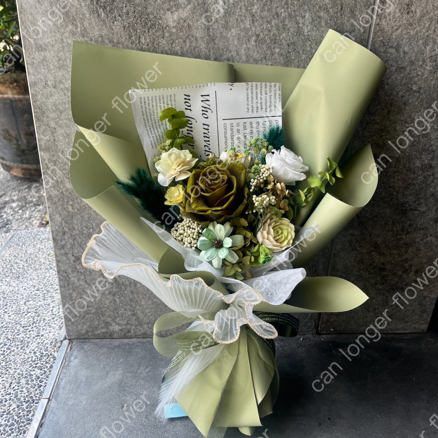 gift-B151 綠色系永生玫瑰花束L 花束 綠色