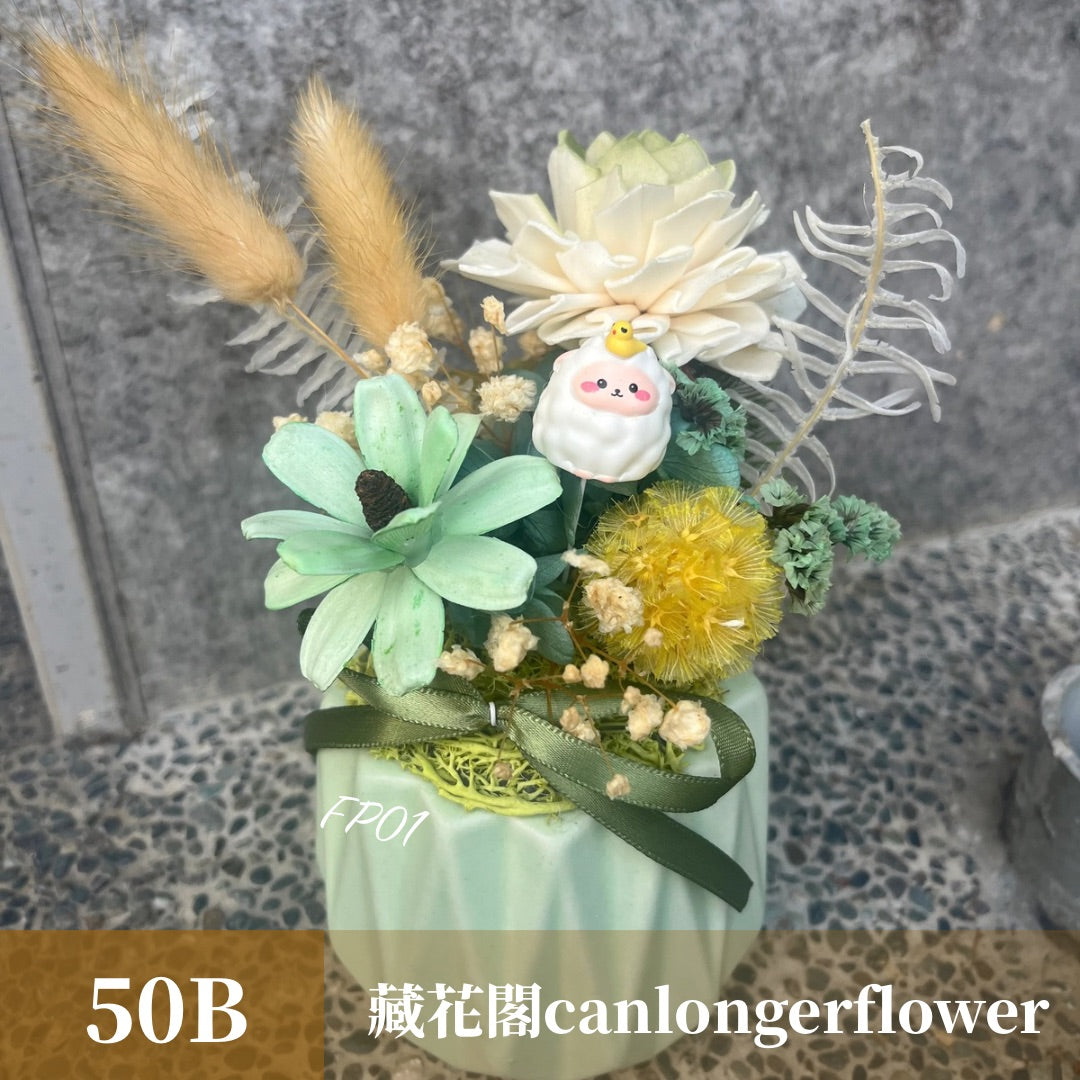 Gift-FP01 乾燥陶瓷小盆花 (含XS梯形透明提袋) 白色 粉色 綠色 藍色 盆花 開幕 送禮 慶賀 擺飾 裝飾品