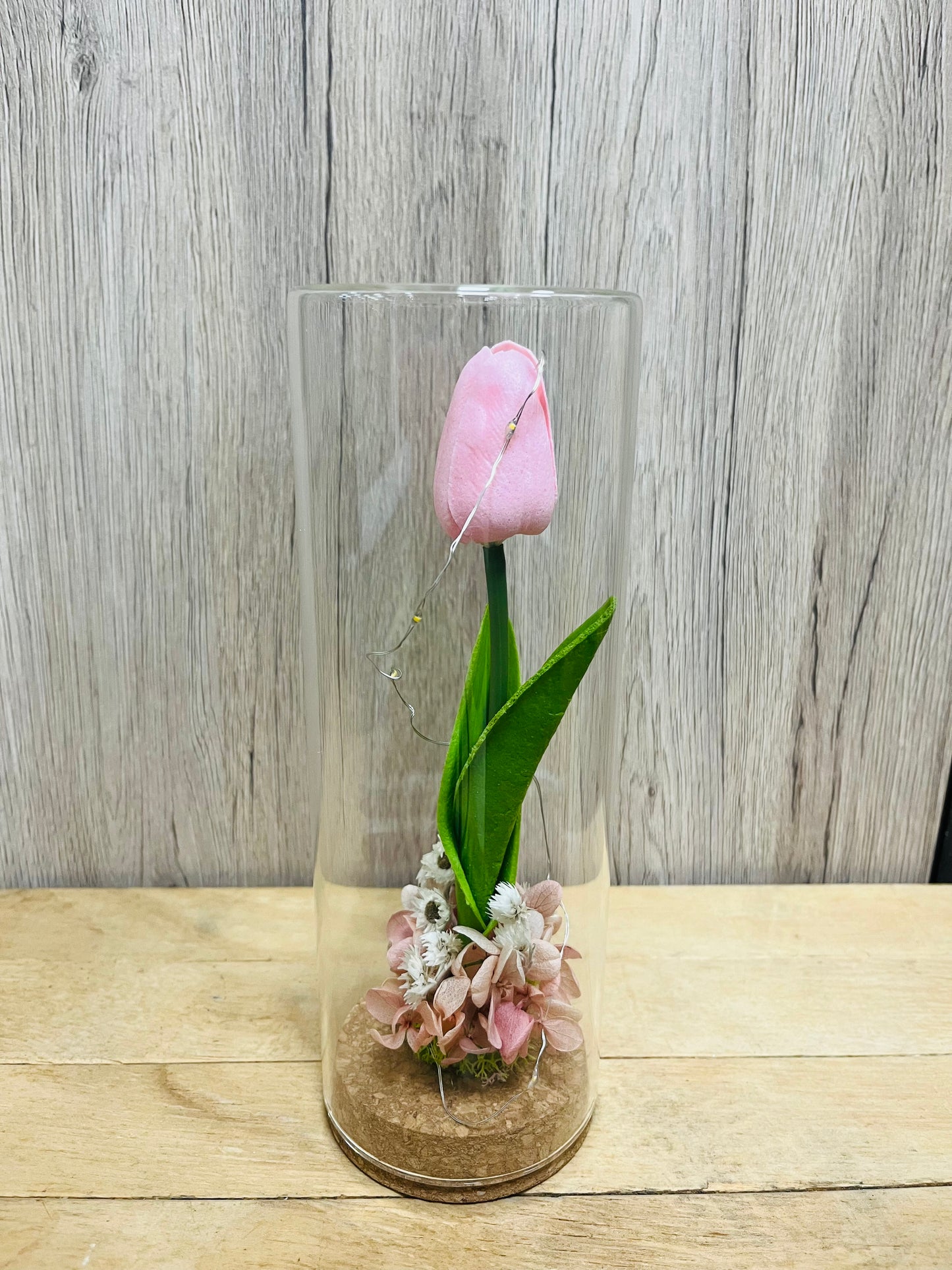 【台灣現貨】CG001柱形玻璃盅+軟木塞底座(附燈條電池) 不凋花容器 攝影道具 室內裝飾 手作 玻璃罩 花藝