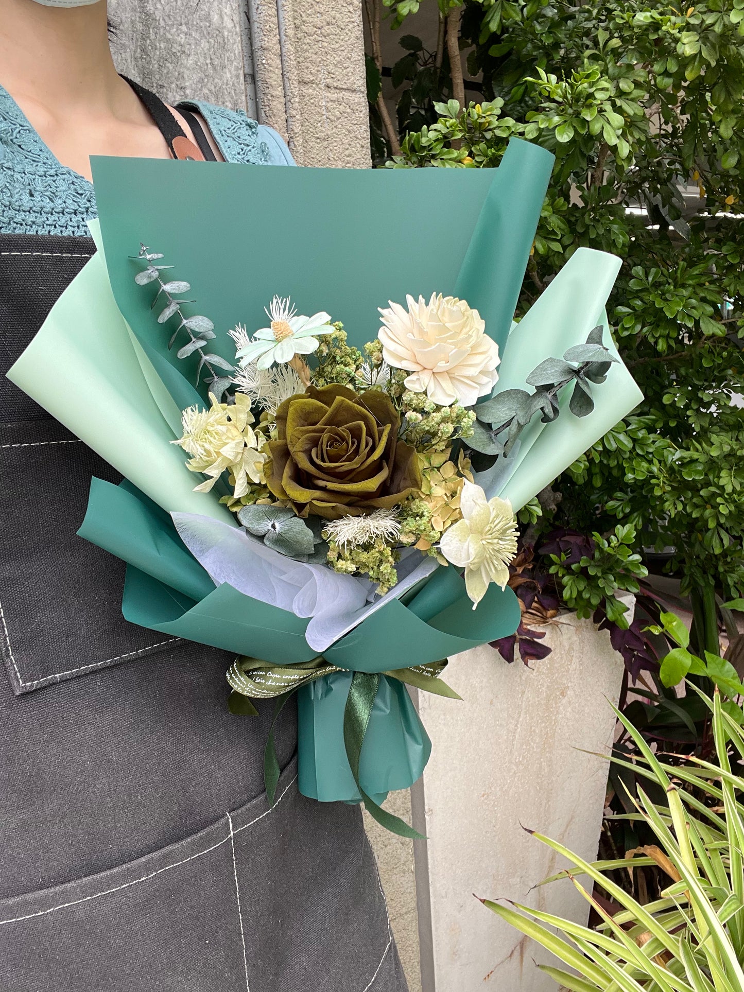 gift-B140 綠色系永生玫瑰 花束M